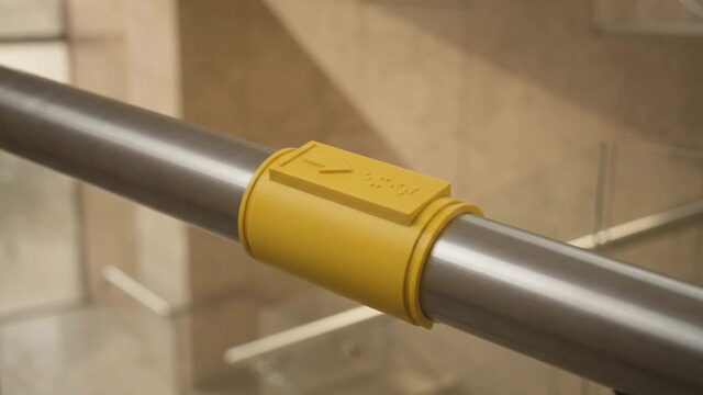 A yellow DALIL clip fitted around a steel stair handrail, people walking past below.