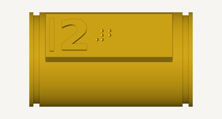 Render of a yellow DALIL module with a raised number 12 and braille dots.